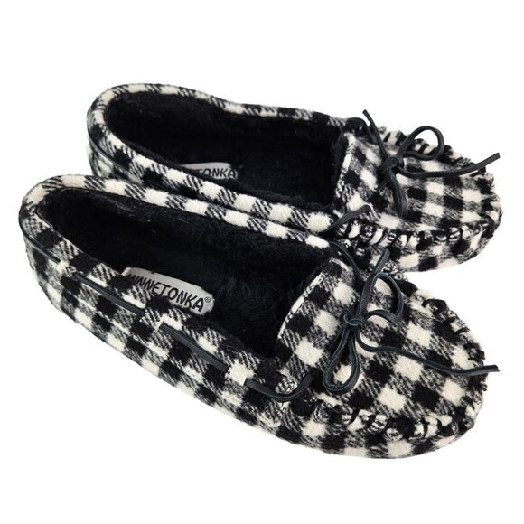 Minnetonka Petra Trapper Black/White Buffalo Plaid Moccasin Loafer Flat 8 44246 - Picture 1 of 10